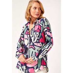 Pretty jewel tone 80's graphic print button up collared blouse by Big Dart US12